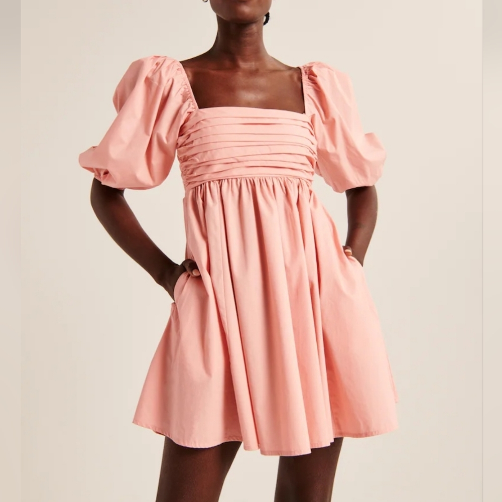NWT Abercrombie & Fitch Ruched Bodice Puff Sleeve Mini Dress Pink
